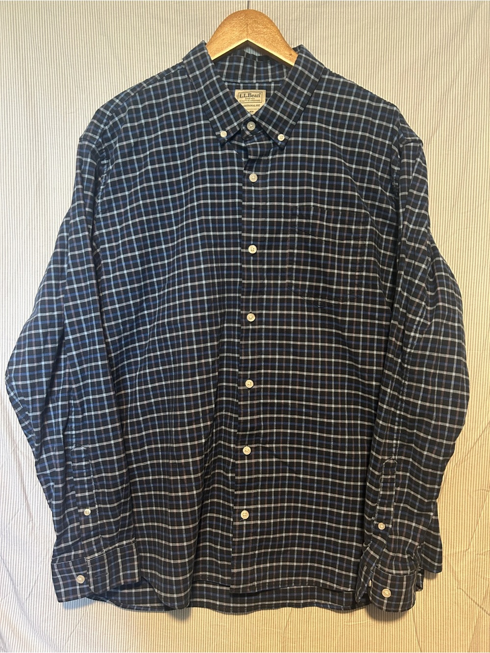 L.L. Bean Men's Navy and Light Blue Plaid Button-Down Shirt